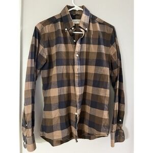 Men's Flannel Button Up Shirt Check Plaid Brown 15/38 M JOHN HENRIC SWEDEN / EUC